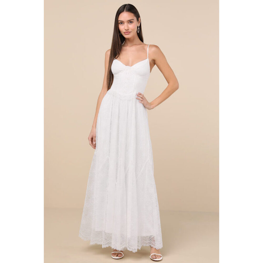 Lulus Bia White Lace Bustier Maxi Dress - Size L